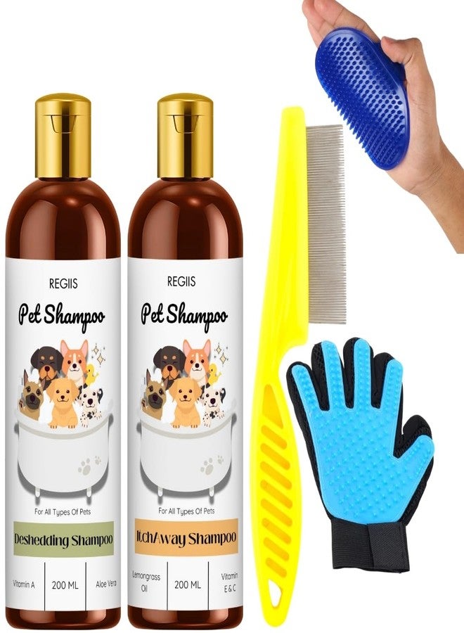 مجموعة شامبو للحيوانات الأليفة مع أدوات العناية، تركيبة لإزالة الشعر الزائد والحكة، 200 مل، تتضمن فرشاة ومشط وقفازات للعناية بالكلاب (عبوة من 5 قطع) - Image 1